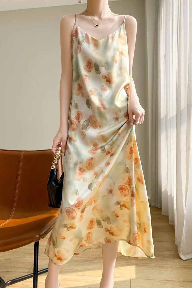 Printed V-Neck Satin Cami Maxi Silk Dress Main image