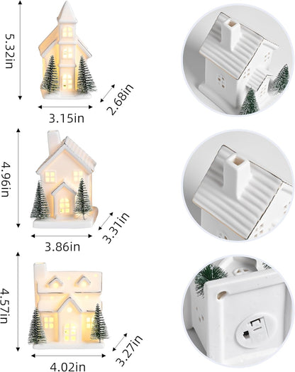 Ceramic White Christmas Village Houses with LED Lights and Trees - Set of 3