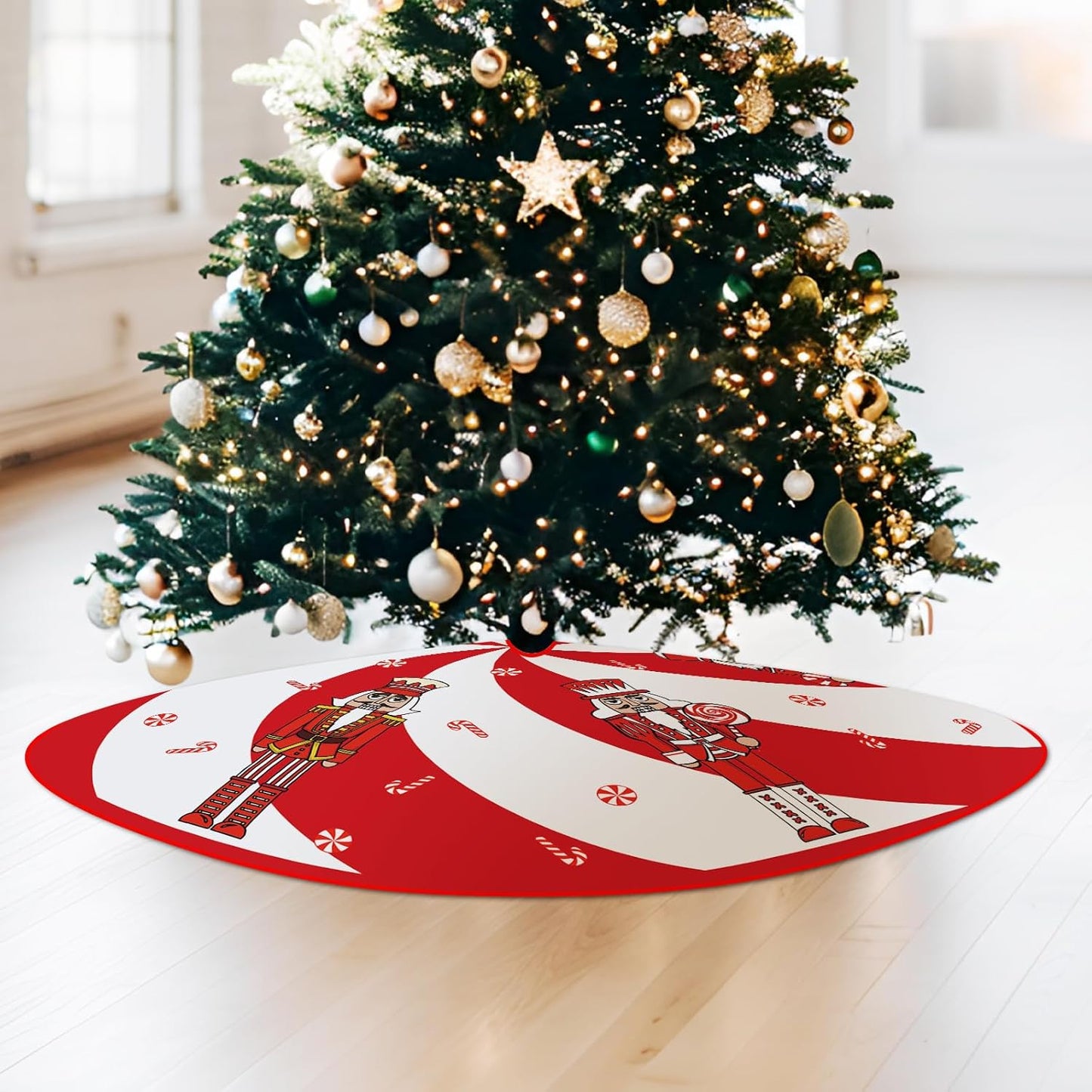 Red Christmas Tree Skirt with Candy Cane and Nutcracker Decorations - 48"