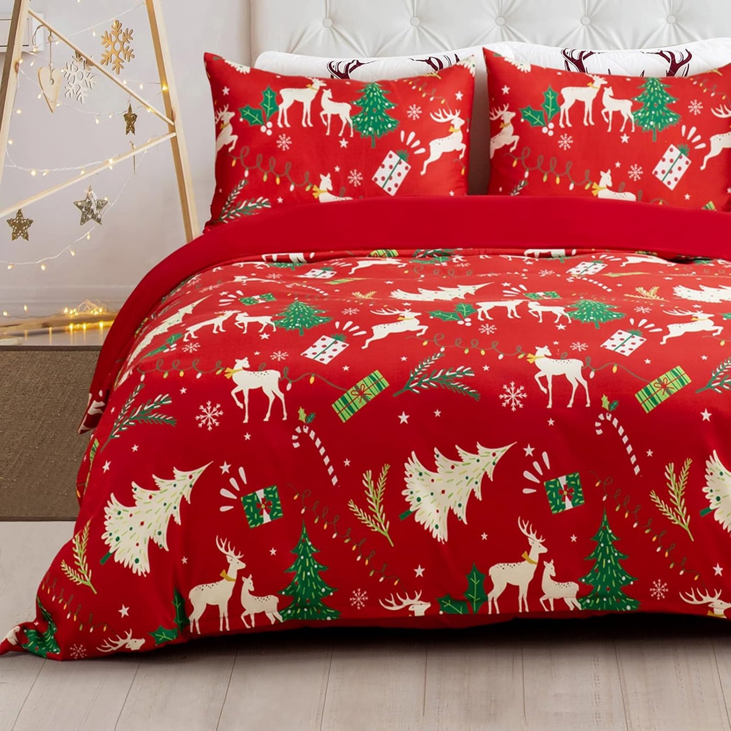 Xmas Tree Reindeer Queen Duvet Cover Set - Festive Bedroom Decor - Lightweight Comforter Cover - 3 Pieces