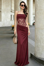Lace Panel Cami Lace-Up Waist Cutout Lace Dress