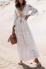 Lace Paneled Fringed Flared Boho Dress