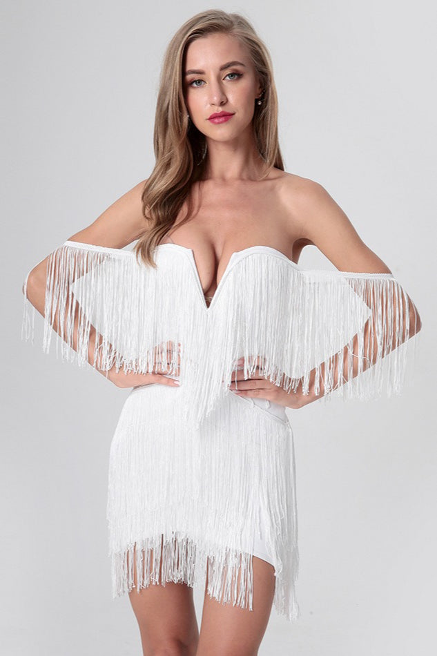 Strapless V Neck Backless Tassel Bandage Cocktail Dress Main image