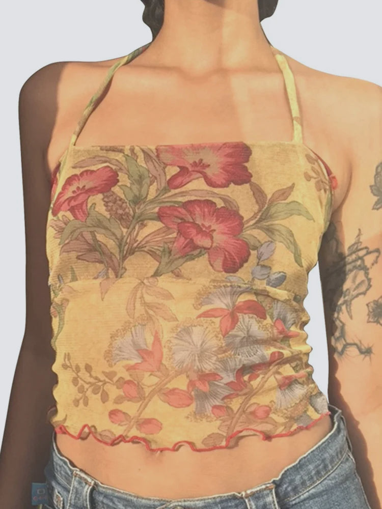Y2K Mesh Sheer Floral Halter Slim Fit Cami Top Secondary image