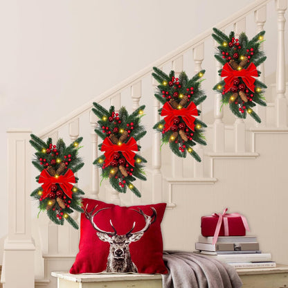 Cordless Prelit Christmas Stairway Teardrop Swag Wreath Garland - 24In