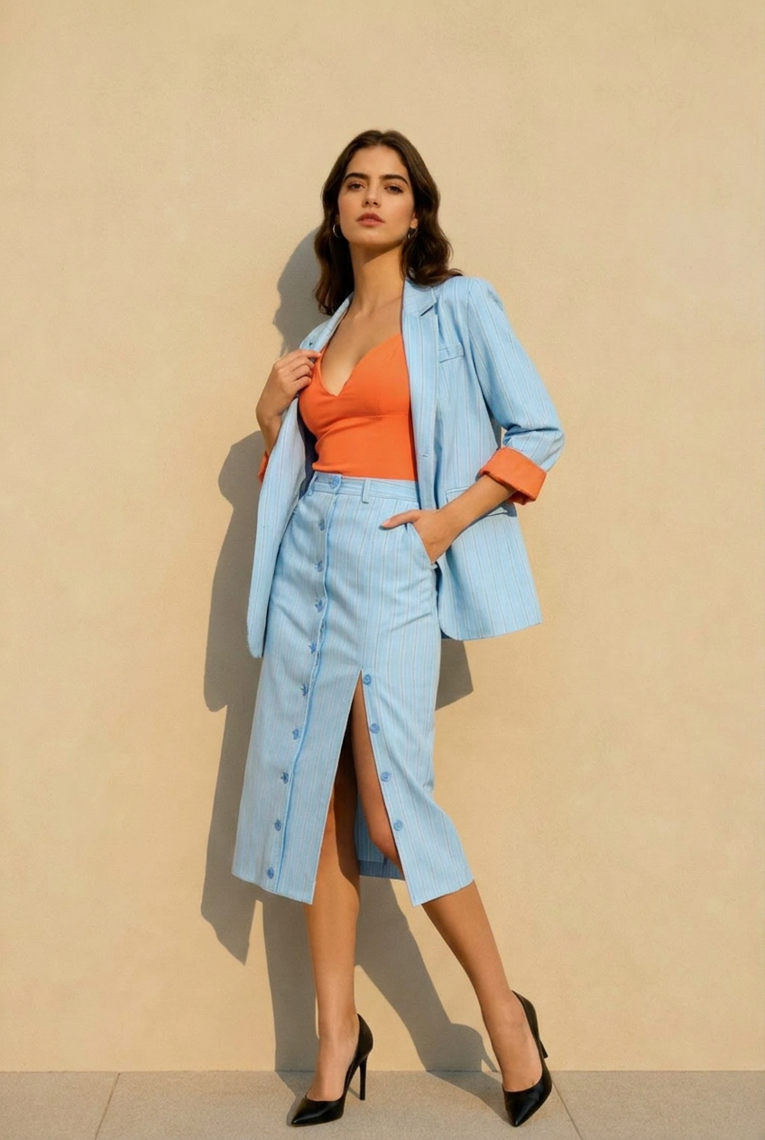 Striped Lapel Long Sleeve Blazer Split Bodycon Two Piece Set Secondary image