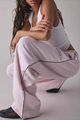 Embroidered Elastic Waist Loose Straight Pants