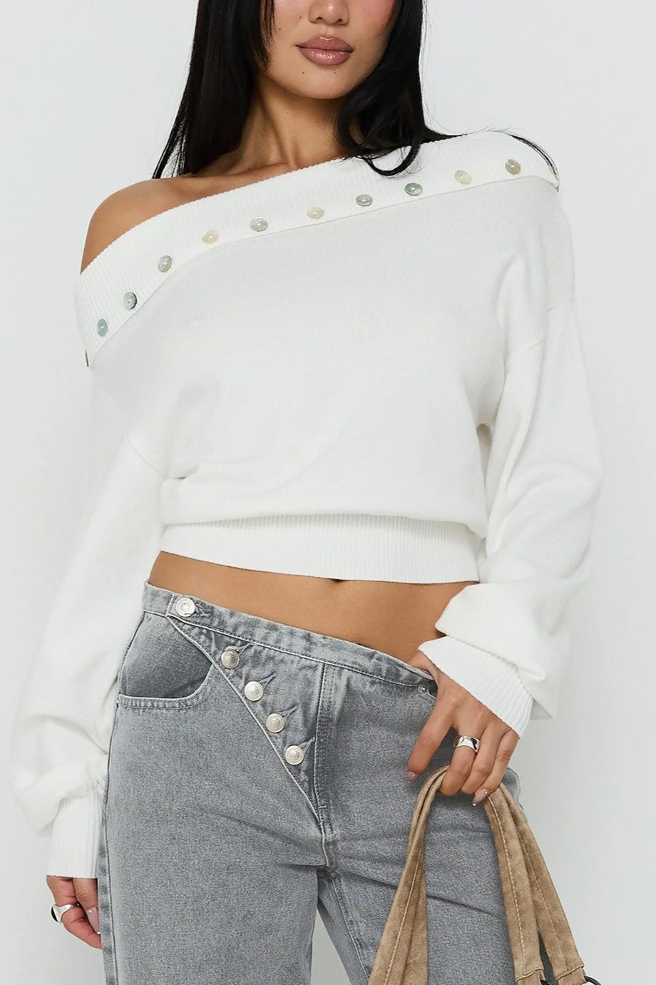 Embellished Foldover Off Shoulder Knit Top