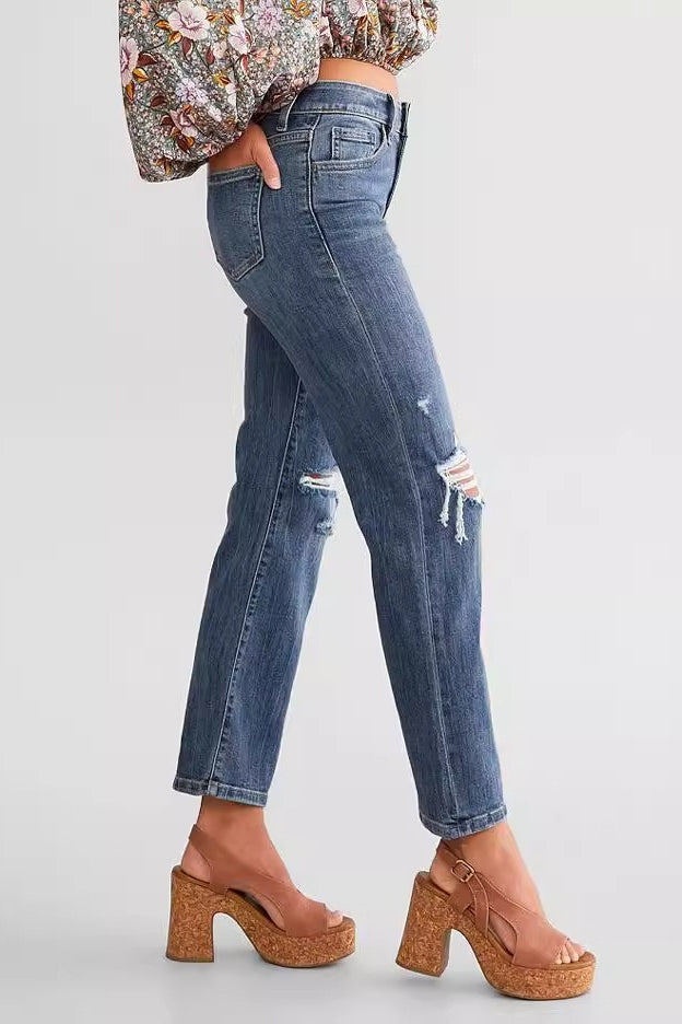 Vintage Distressed Stretch Slim Straight Denim Jeans Secondary image