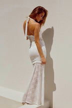 Sheer Lace Ruched Halter Wrap Dress