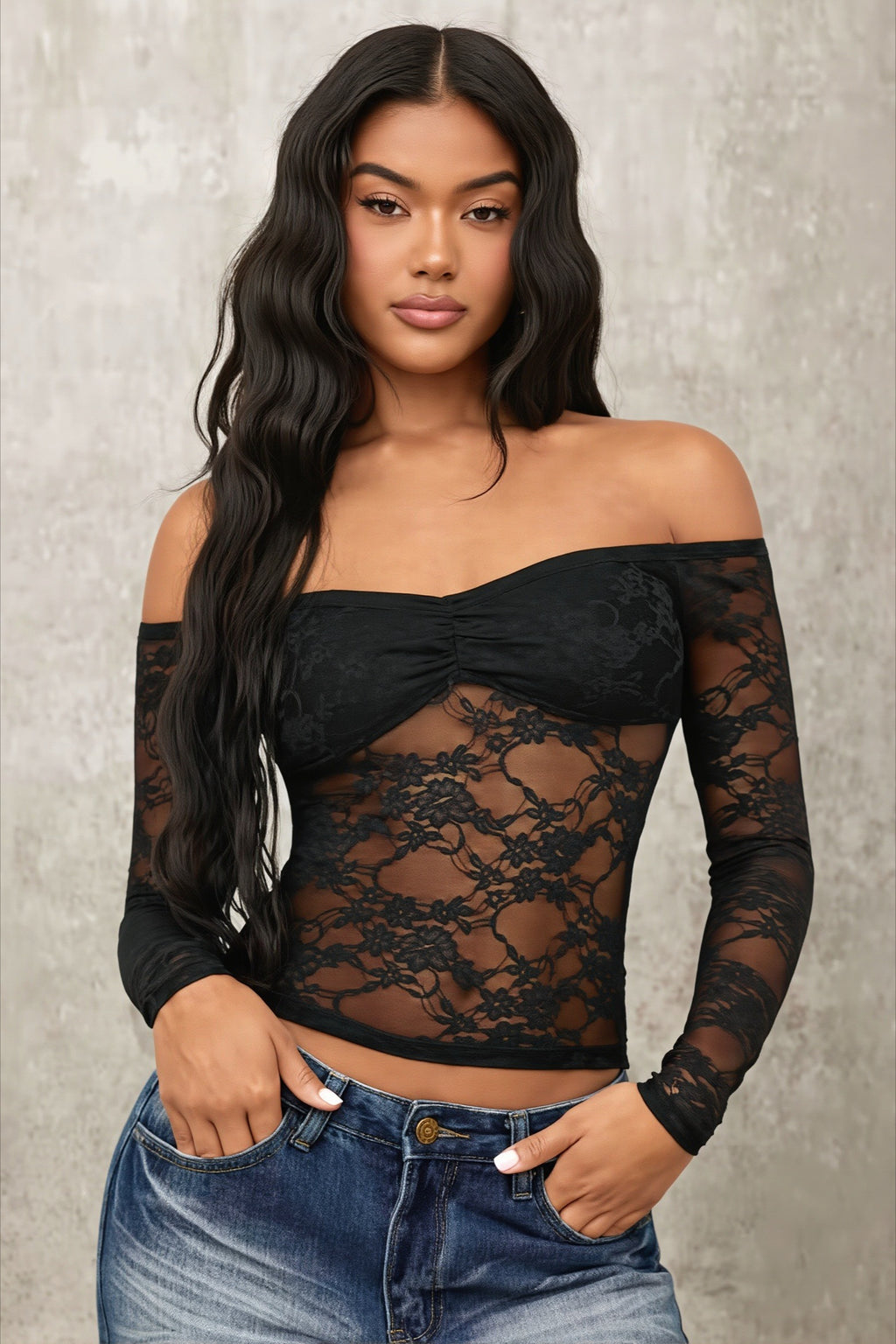 Off Shoulder Ruched Lace Long Sleeved T-shirts