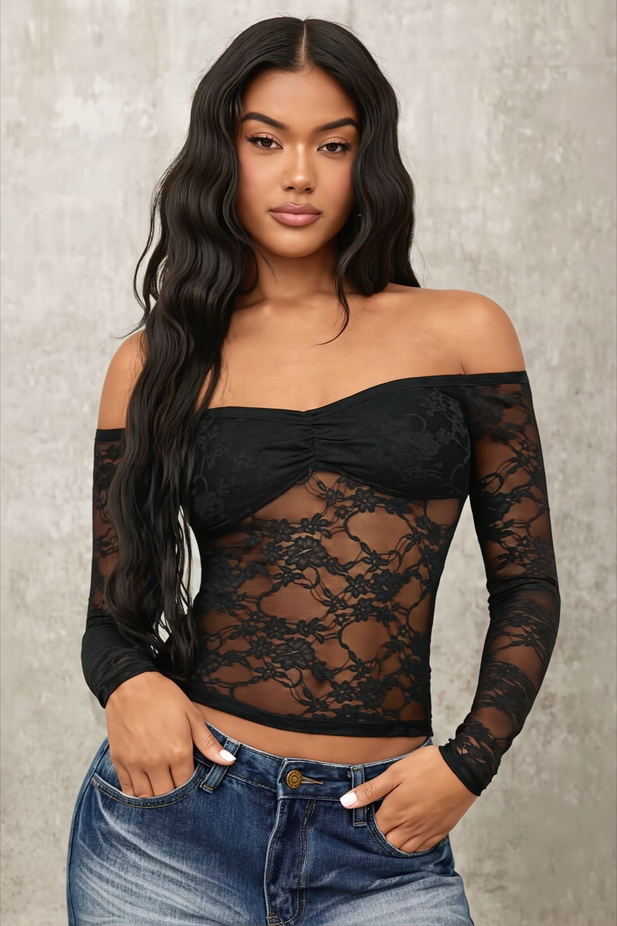 Off Shoulder Ruched Lace Long Sleeved T-shirts