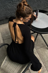 Woolen Backless Tie Detail Flared Sleeve Solid Sweater Dress