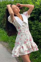 Lapel Short Sleeve Mini Floral Dress