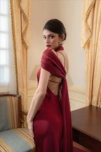 One Shoulder Cape Satin Split Maxi Dress