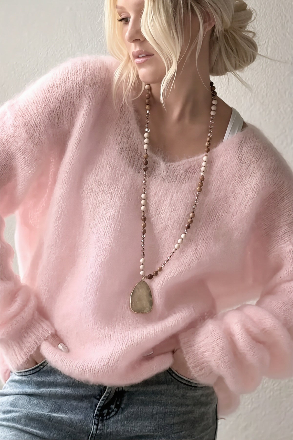 Fuzzy V Neck Relaxed Solid Knit Sweater Main image