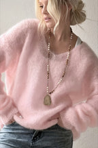 Fuzzy V Neck Relaxed Solid Knit Sweater
