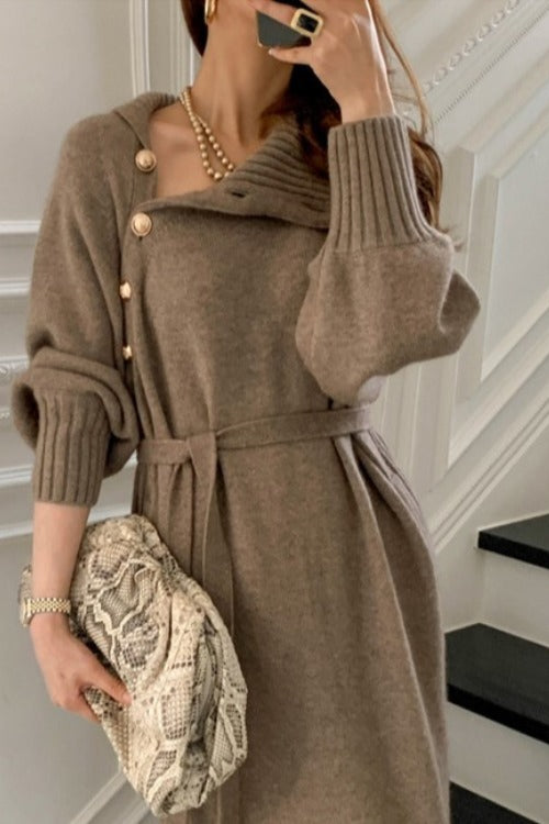 Tie Waist Knit Turtleneck Long Sweater Dress Main image