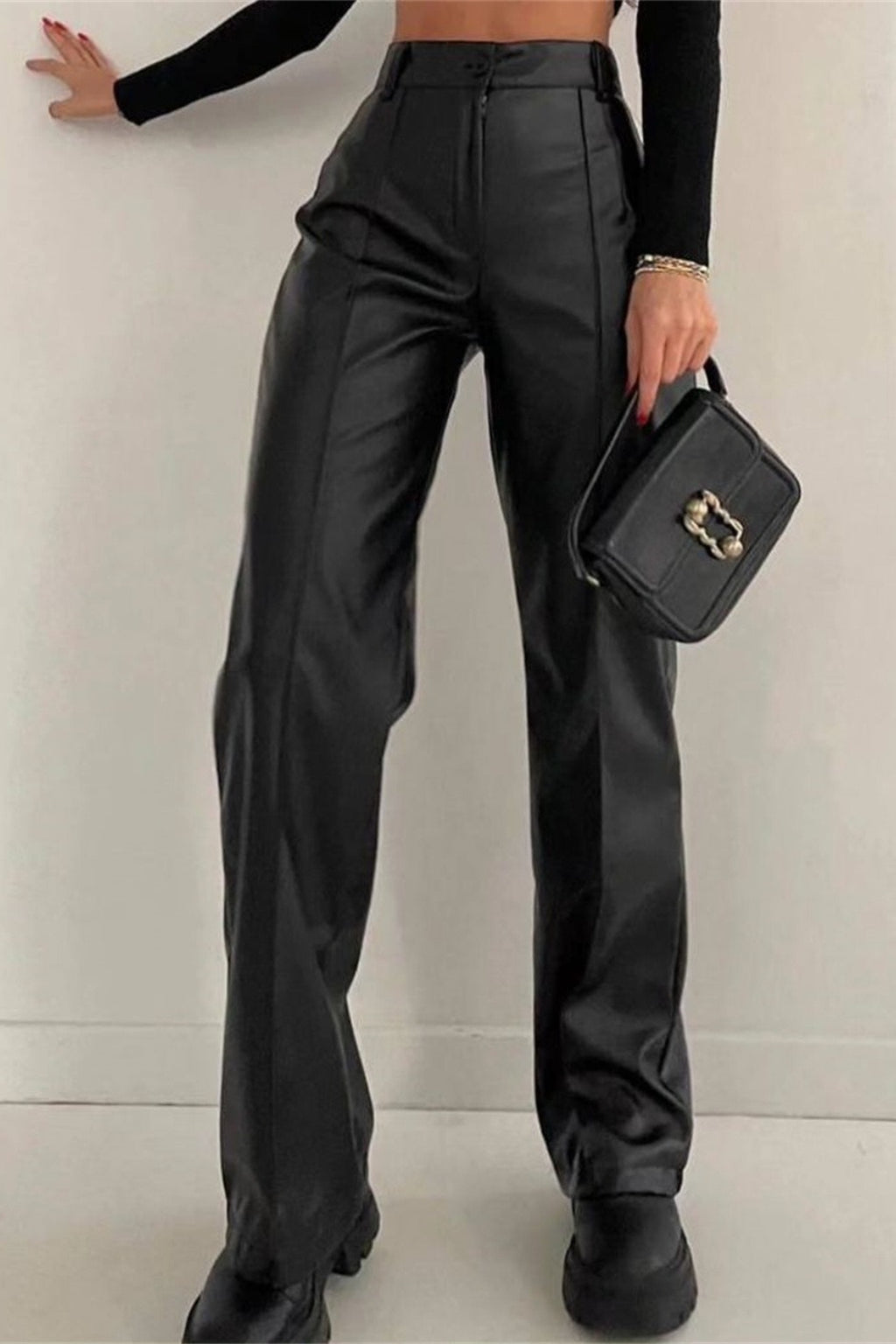 Slim Fit PU Edgy Straight Leg Casual Fashion Pants