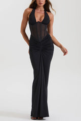 Halter Sheer Mesh Panel Bodycon Formal Dress