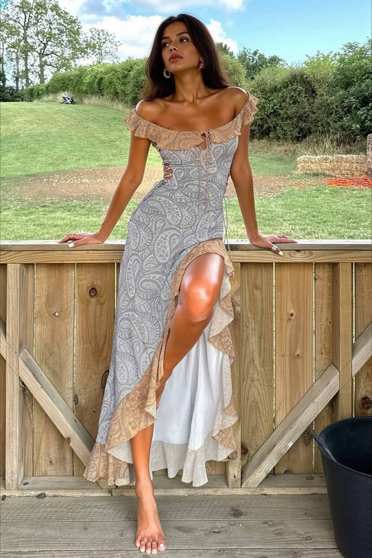 Sexy Off Shoulder Ruffled High Slit Spaghetti Strap Party Dress Main image