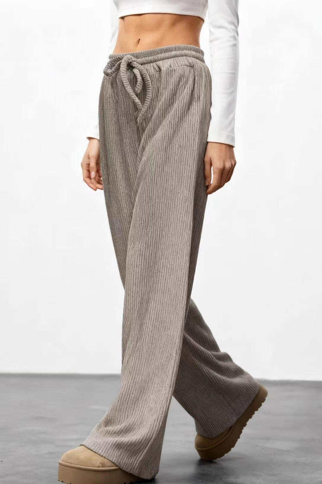 Ribbed Drawstring High Waist Straight Leg Casual Pants Secondary image