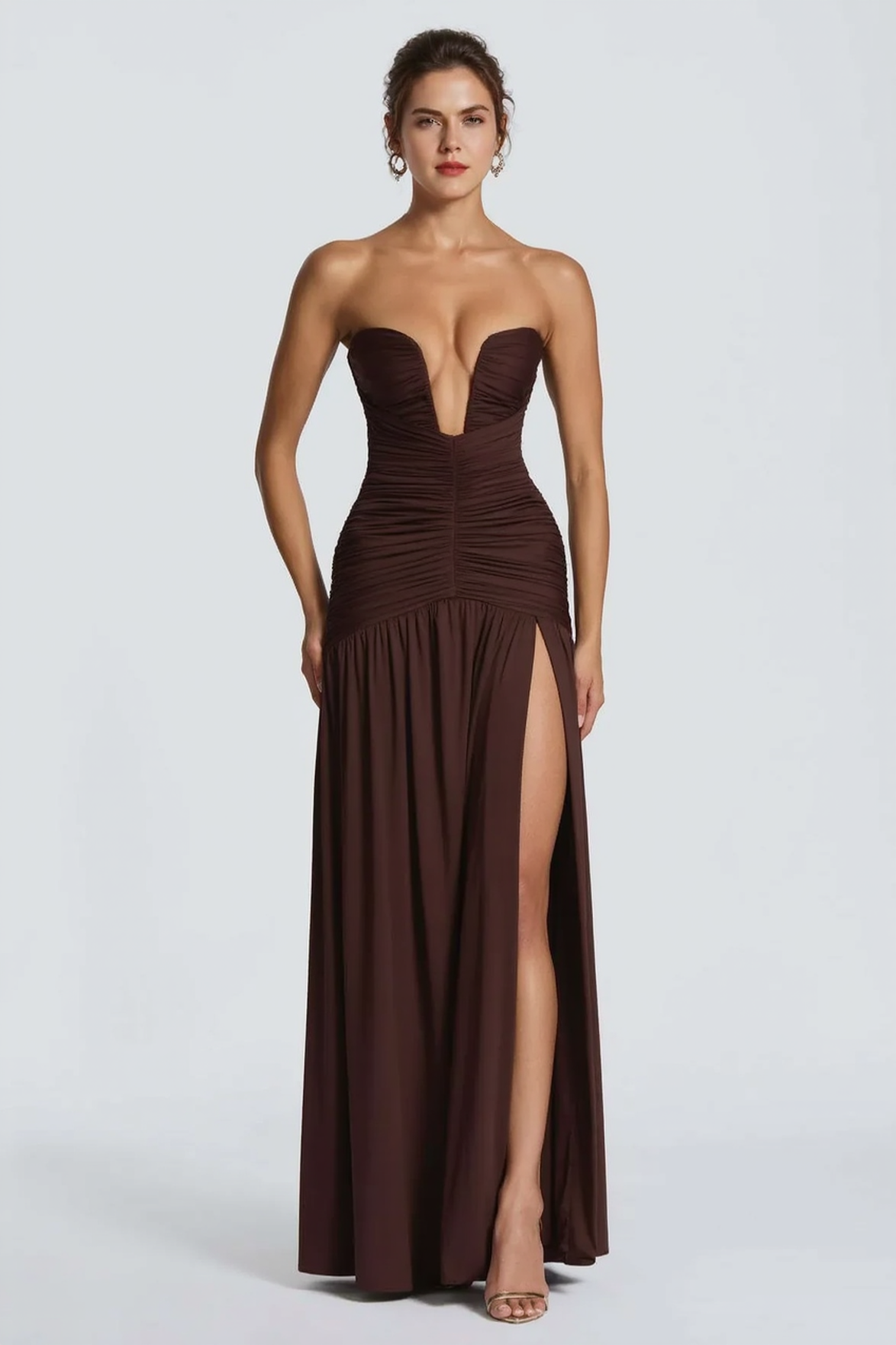 Solid Strapless High Slit Ruched Bodycon Party Dress Secondary image