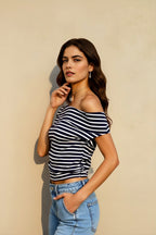 Asymmetrical Neck Stripe Tees