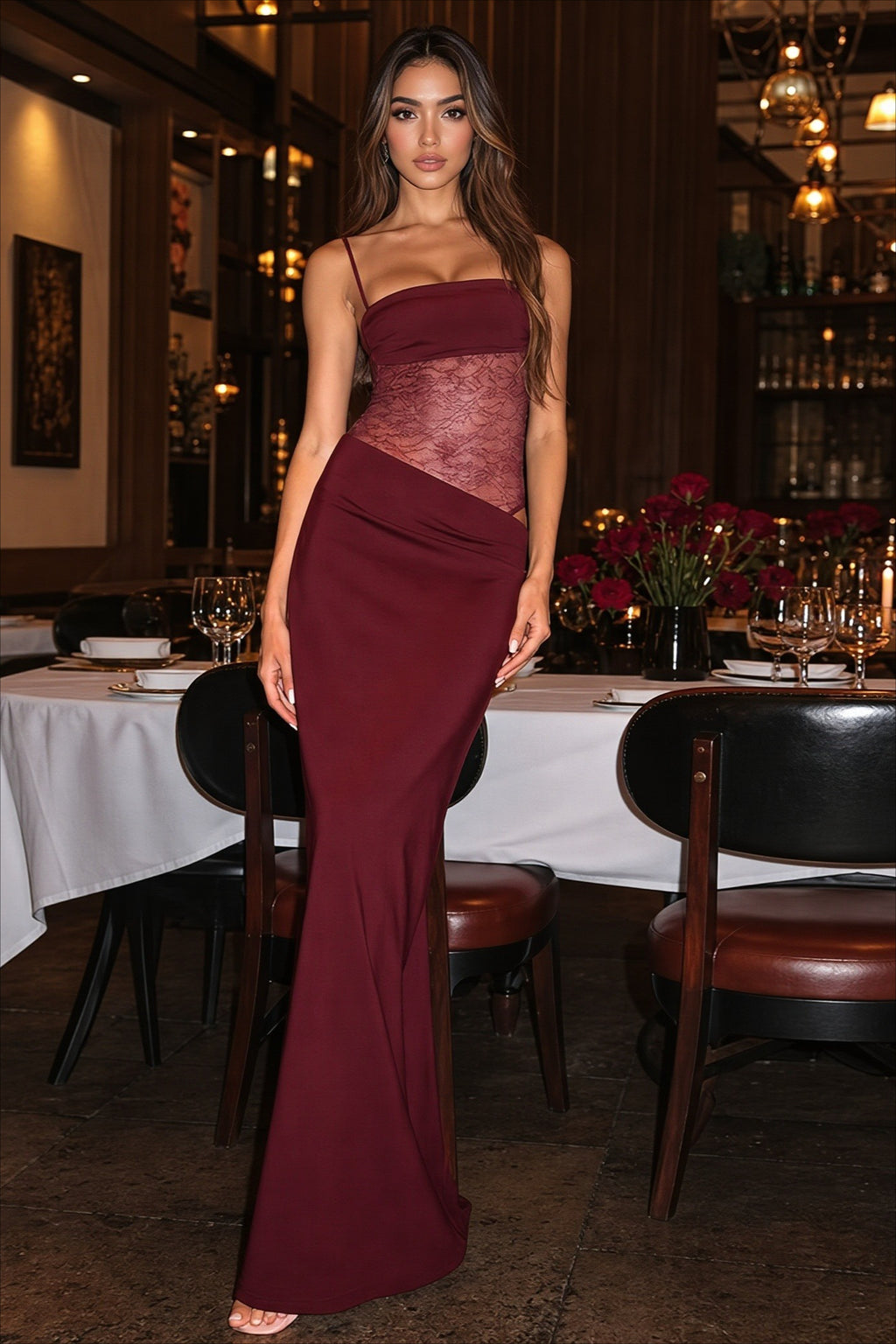 Sheer Lace Panel Cutout Bodycon Midi Dress