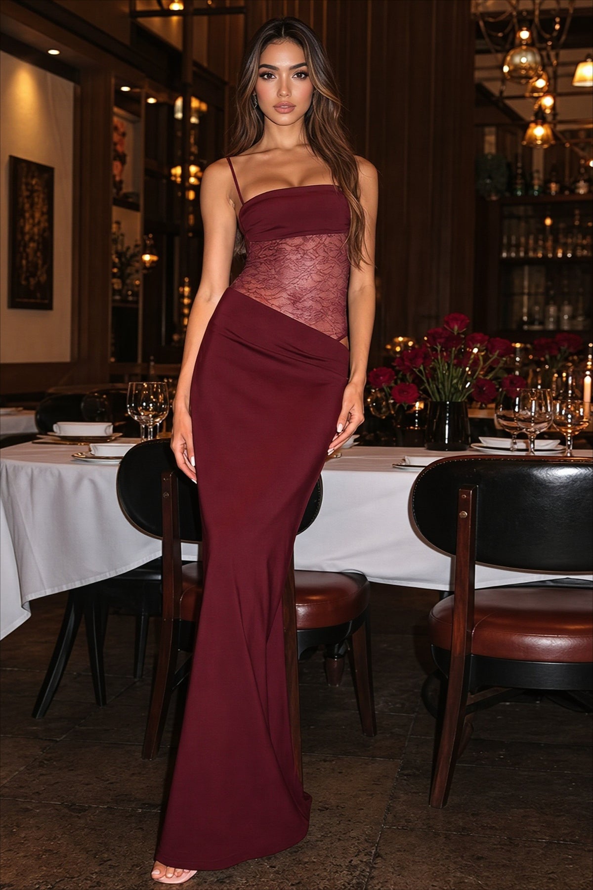 Sheer Lace Panel Cutout Bodycon Midi Dress