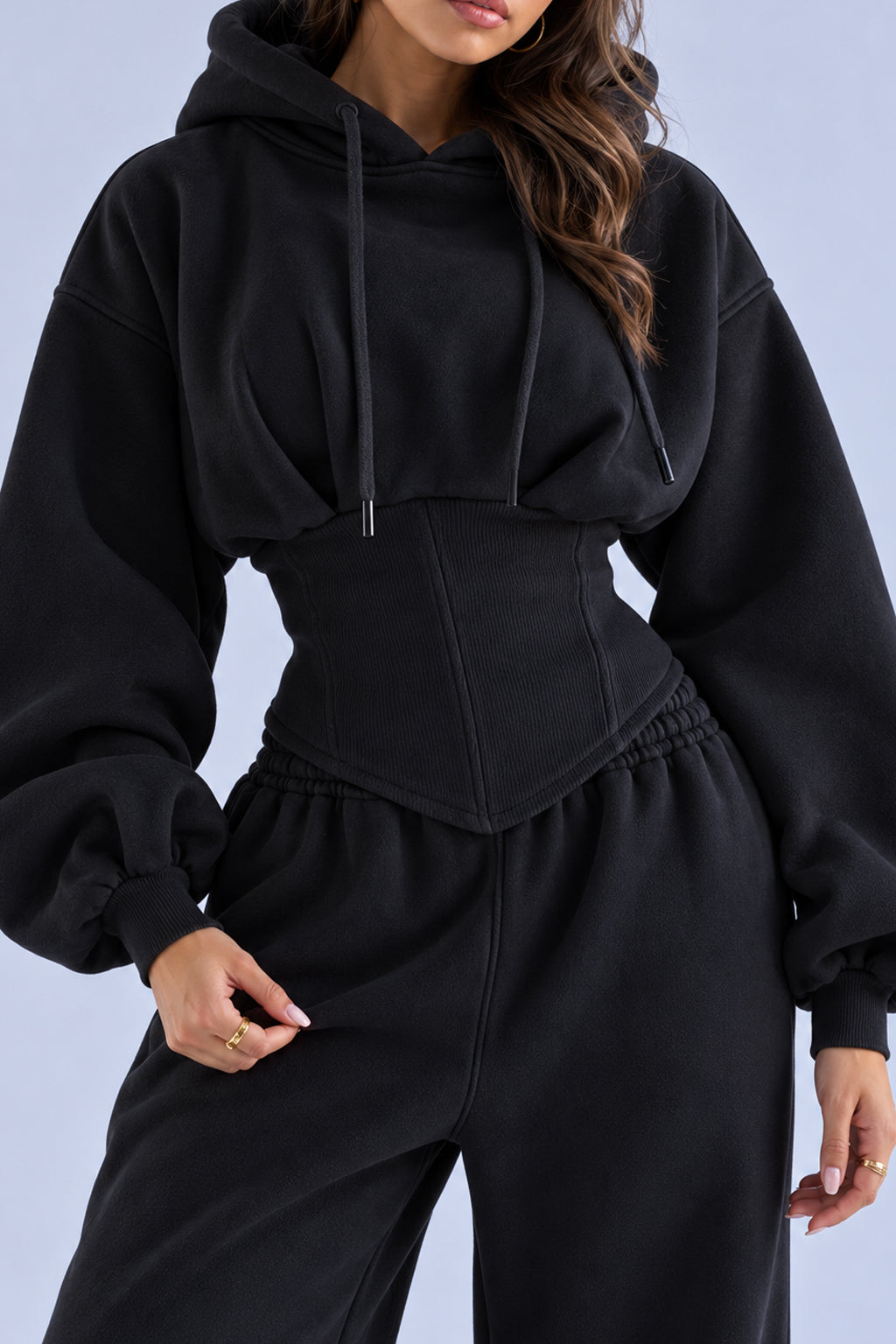 Corset Waist Zip Front Wide Leg Hoodie Two Piece Set