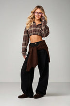 Plaid Elastic Hem Cropped Long Sleeve Blouse