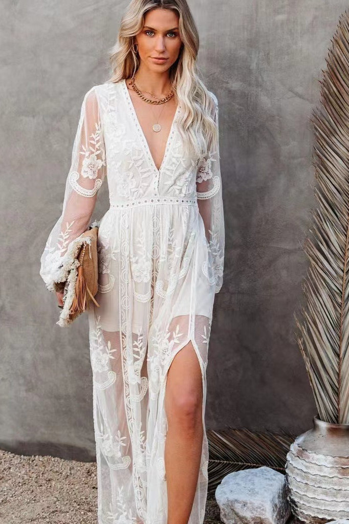 Lace Long Sleeve V Neck Solid Chiffon Boho Dress Main image