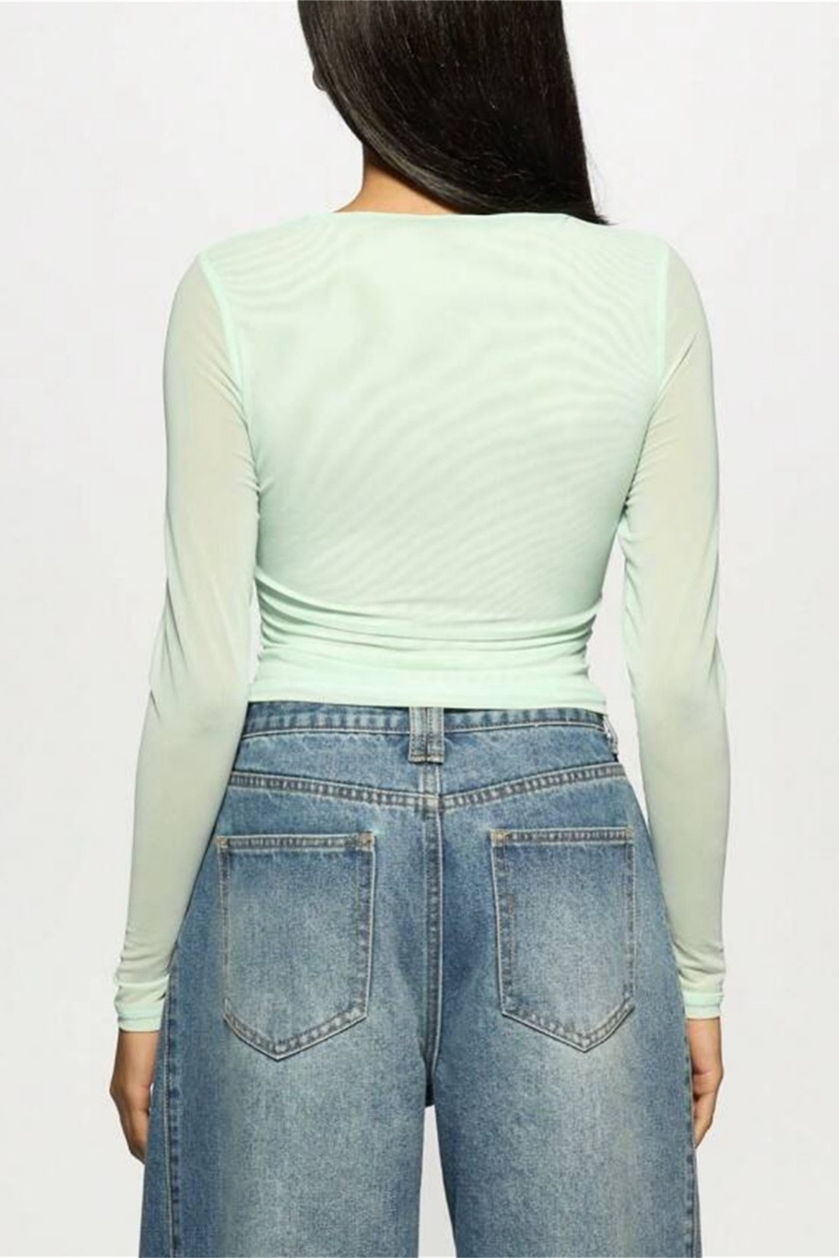 Printed Slim Mesh Sheer Cutout Long Sleeve Crop Top Secondary image