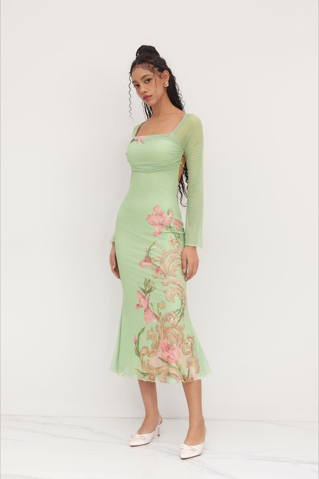 Floral Square Neck Long Sleeve Maxi Dress