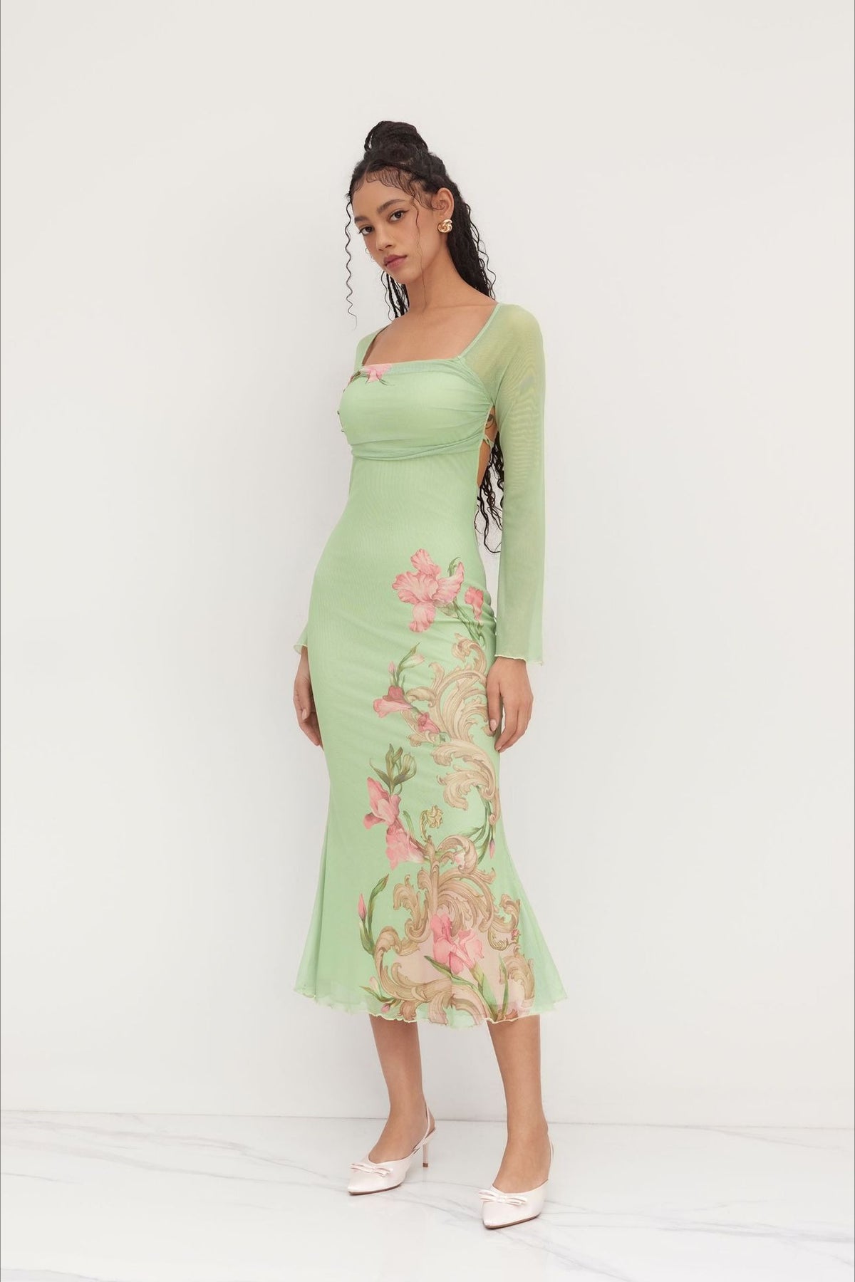 Floral Square Neck Long Sleeve Maxi Dress