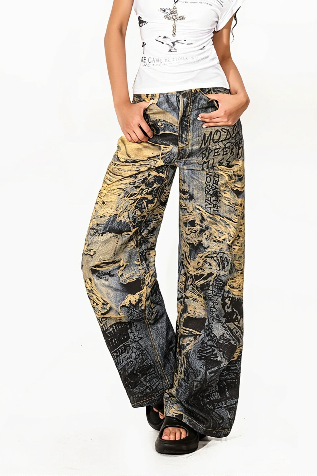 Graffiti Print Distressed Wide Leg Streetwear Jeans