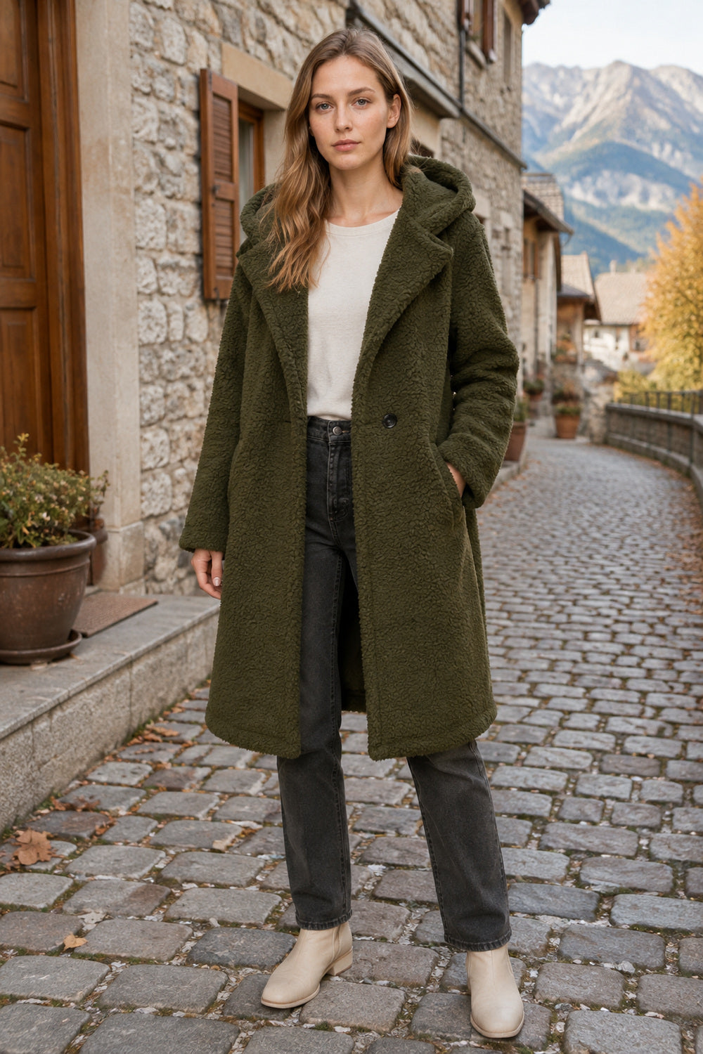 Mid-Length Fuzzy Lapel Coat