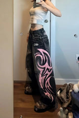 Vintage Print High Waist Wide Leg Jeans