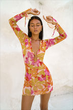 Floral Print Cutout Tie Front Long Sleeve Mini Dress