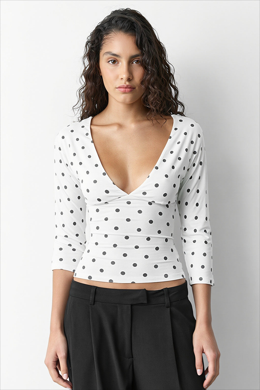 Polka Dot Ruched V Neck Long Sleeve T-shirts