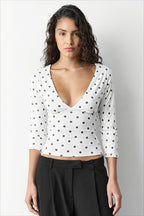 Polka Dot Ruched V Neck Long Sleeve T-shirts