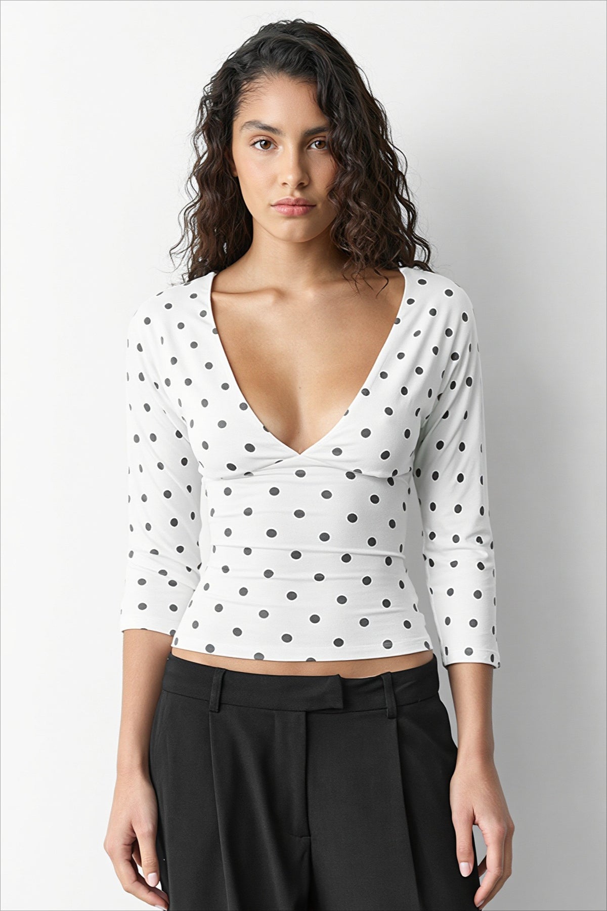 Polka Dot Ruched V Neck Long Sleeve T-shirts