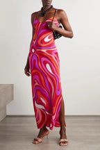 Printed Satin Cami Slit Silk Dress