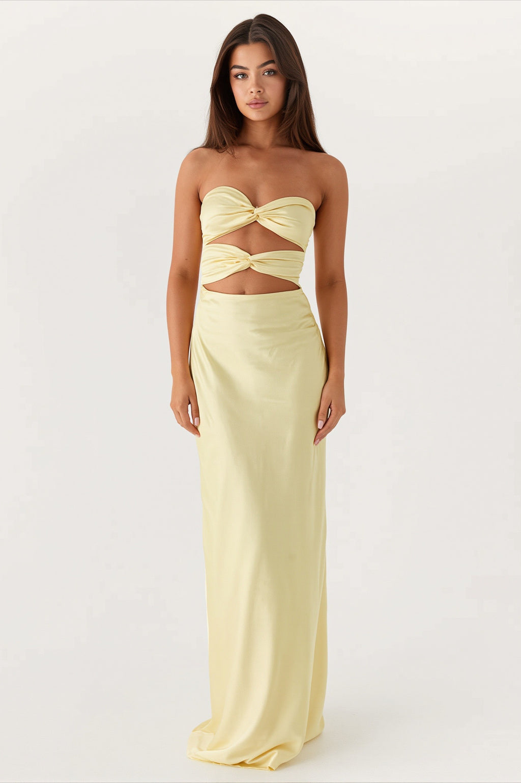 Strapless Twist Front Cutout Satin Party Dress