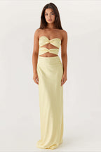 Strapless Twist Front Cutout Satin Party Dress