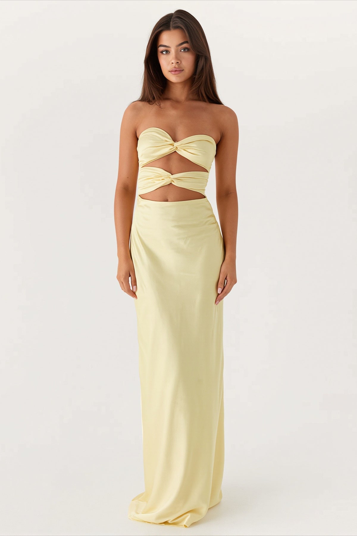 Strapless Twist Front Cutout Satin Party Dress