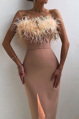 Elegant Feather Sling Bodycon Cocktail Dress