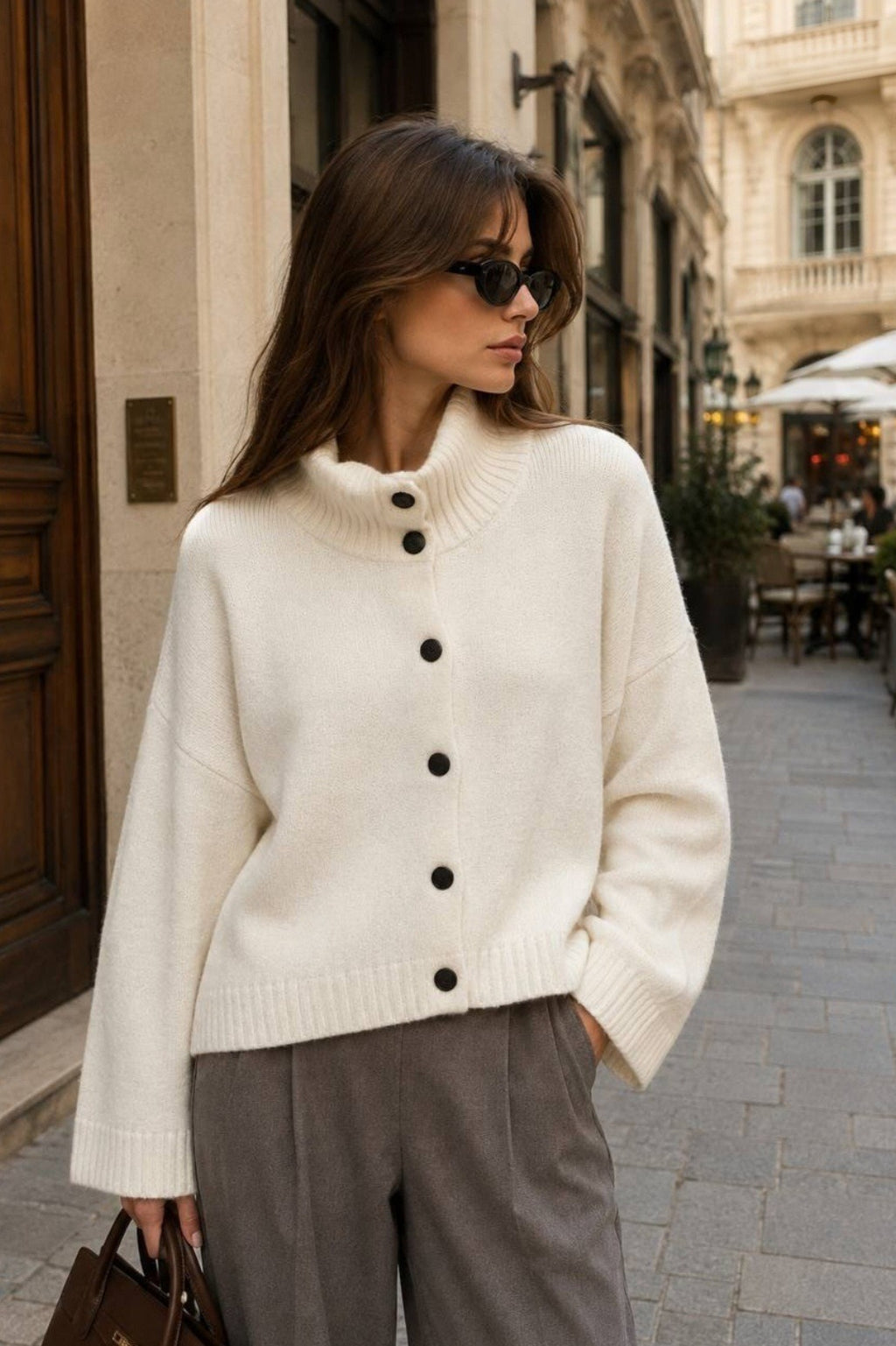 Stand Collar Button Front Relaxed Cardigan Sweater