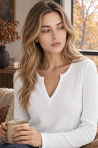 Waffle Neck Tops Knit Henley V for Women